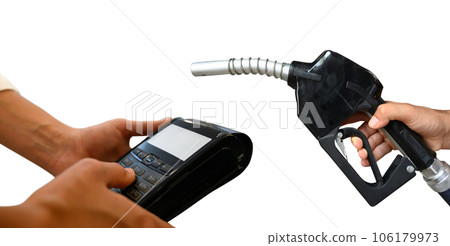 Bank pos ready to pay for a car fuel refueling 106179973