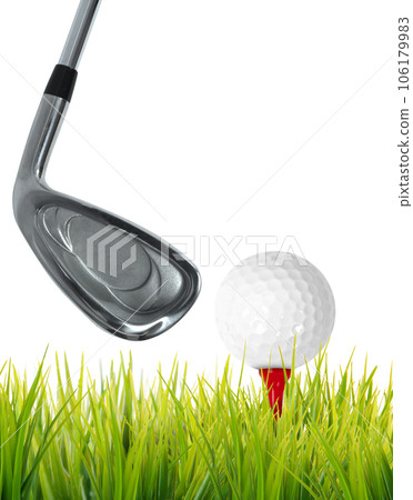 Golf game with club hitting a ball on the lawn Golf game with club hitting a ball on the lawn 106179983