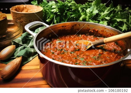 finished homemade pasta sauce with a ladle 106180192