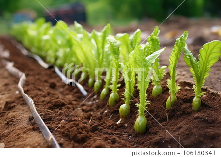 slugs damaging a row of seedlings 106180341