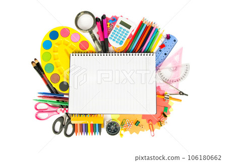Set of school supplies isolated on white . Back to school. 106180662