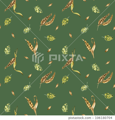 Wheat ear, hop watercolor seamless pattern isolated on green background. Spikelet of rye, humulus plant, hop cones hand drawn. Design element for brewing, wrapping, label, packaging, paper, textile 106180704
