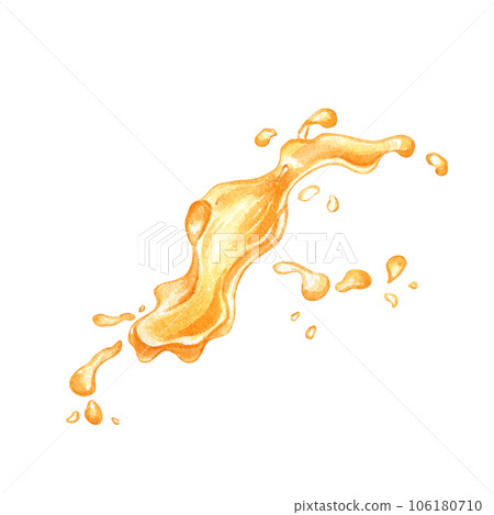 Splash juice of orange berries, fruit watercolor illustration isolated on white. Peach, mango, pumpkin yellow liquid hand drawn. Design element for packaging, menu, label, drink, ice-cream, tableware 106180710