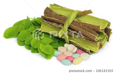 Moringa leaves and bark with pills 106181505