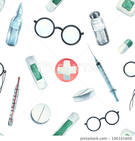 A set of medical equipment. Watercolor illustration, hand drawn, for the design and design of hospitals, clinics, pharmacies. Seamless pattern on a white background 106181608