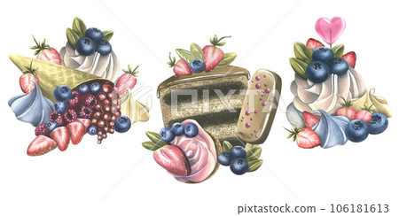 A set of cakes with brownies, donuts, meringue, lollipops, strawberries and blueberries. Watercolor illustration hand drawn. Set of isolated compositions on a white background A set of cakes with brownies, donuts, meringue, lollipops, strawberries and blueberries. Watercolor illustration hand drawn. Set of isolated compositions on a white background 106181613