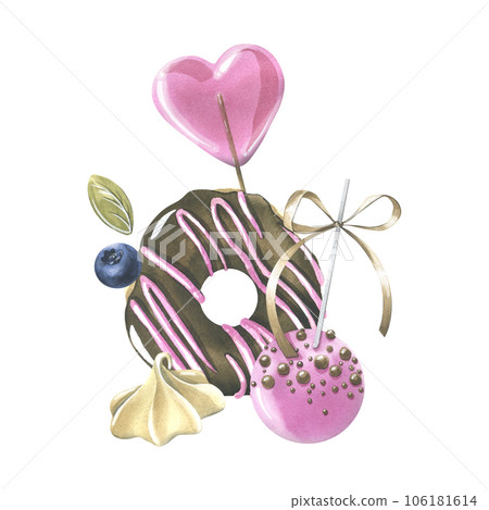 Glazed donut with chocolate, lollipop, cakepop, meringue and berries. Hand drawn watercolor illustration for prints, menus, stickers. Isolated composition on a white background Glazed donut with chocolate, lollipop, cakepop, meringue and berries. Hand drawn watercolor illustration for prints, menus, stickers. Isolated composition on a white background 106181614
