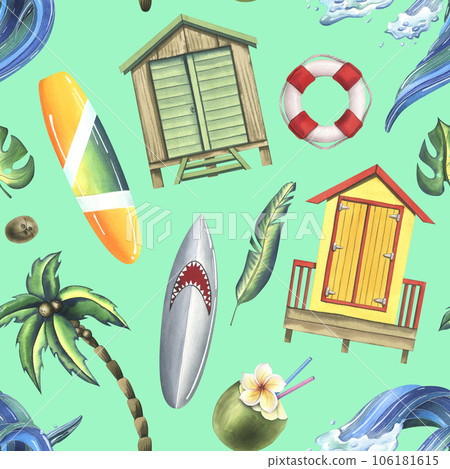 Beach cabins, surfboards, palm trees, flowers, coconuts, wave. Watercolor illustration hand drawn. Seamless pattern on a turquois background Beach cabins, surfboards, palm trees, flowers, coconuts, wave. Watercolor illustration hand drawn. Seamless pattern on a turquois background 106181615