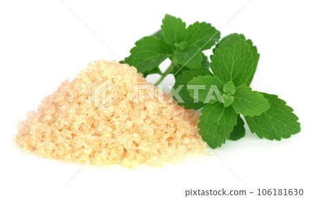 Brown sugar with stevia leaves Brown sugar with stevia leaves 106181630