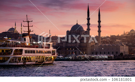Beautiful view of the Bosphorus and Suleymaniye mosque at sunset. 15th of March, 2023, Turkey, Istanbul. 106181801