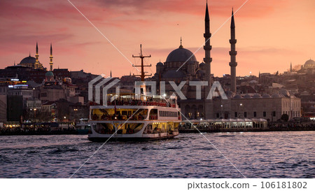 15th of March, 2023, Turkey, Istanbul. Ferry boat floating in Bosphorus at sunset. 15th of March, 2023, Turkey, Istanbul. 106181802
