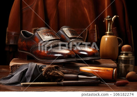 leather shoes being polished with brush 106182274