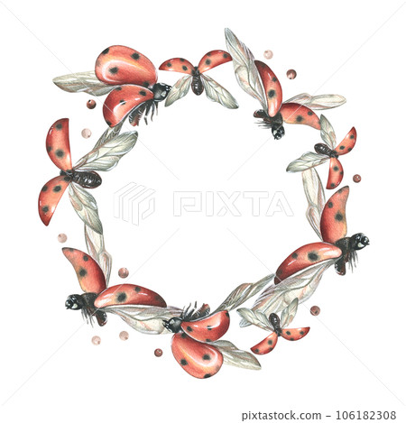 Red ladybugs with black dots flying with berries. watercolor illustration, hand drawn. Round frame, wreath, template on a white background. Red ladybugs with black dots flying with berries. watercolor illustration, hand drawn. Round frame, wreath, template on a white background. 106182308