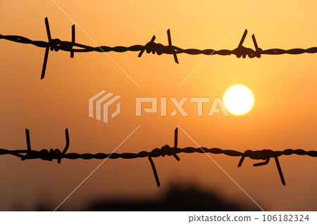 Setting sun behind barbed wire Setting sun behind barbed wire 106182324