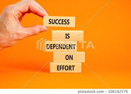 Success and effort symbol. Concept words Success is dependent on effort on wooden block. Beautiful orange table orange background. Businessman hand. Business success and effort concept. Copy space. Success and effort symbol. Concept words Success is dependent on effort on wooden block. Beautiful orange table orange background. Businessman hand. Business success and effort concept. Copy space. 106182576