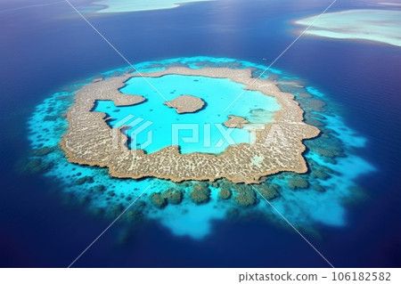aerial view of a coral atoll surrounded by deep ocean waters 106182582