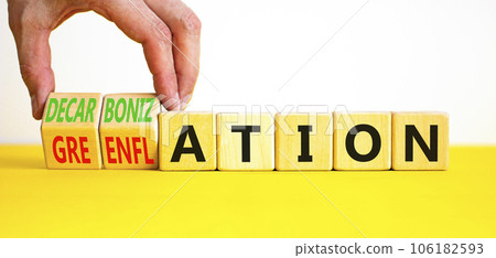 Decarbonization or greenflation symbol. Concept words Decarbonization Greenflation on cubes. Beautiful white background. Businessman hand. Business decarbonization greenflation concept. Copy space. Decarbonization or greenflation symbol. Concept words Decarbonization Greenflation on cubes. Beautiful white background. Businessman hand. Business decarbonization greenflation concept. Copy space. 106182593
