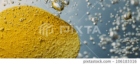 Deep fried potato chips under golden oil water. Frying rounded potatoes chip with hot boiling oil bubbles. Fast food and snack. Underwater cooking oily french fries or potatos chips in oils background Deep fried potato chips under golden oil water. Frying rounded potatoes chip with hot boiling oil bubbles. Fast food and snack. Underwater cooking oily french fries or potatos chips in oils background 106183316