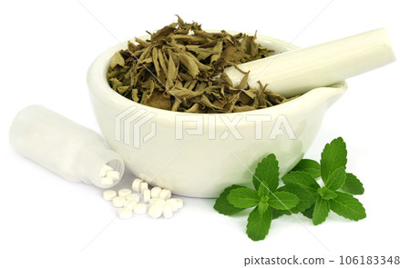 Dry and fresh Stevia leaves with pills Dry and fresh Stevia leaves with pills 106183348