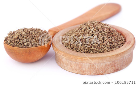 Ajwain seeds in a wooden bowl Ajwain seeds in a wooden bowl 106183711