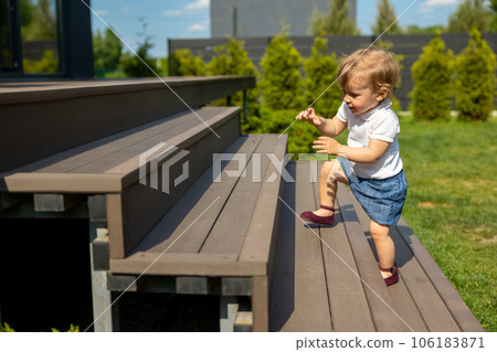 Cute little fair-haired kid on the steps Cute little fair-haired kid on the steps 106183871
