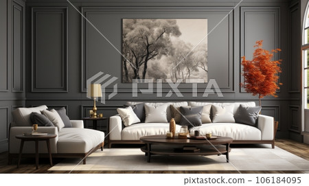 Front view of a modern classic living room. Gray wall with large painting, comfortable couches with cushions, coffee table, plant in floor pot, rug on the floor, home decor. Mockup, 3D rendering. Front view of a modern classic living room. Gray wall with large painting, comfortable couches with cushions, coffee table, plant in floor pot, rug on the floor, home decor. Mockup, 3D rendering. 106184095