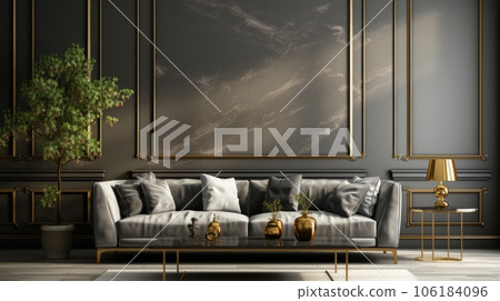 Front view of a modern classic living room. Gray wall with golden rims, comfortable couch with cushions, coffee table, plant in floor pot, rug on the floor, home decor. Mockup, 3D rendering. Front view of a modern classic living room. Gray wall with golden rims, comfortable couch with cushions, coffee table, plant in floor pot, rug on the floor, home decor. Mockup, 3D rendering. 106184096
