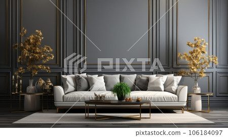 Front view of a modern classic living room. Gray wall, comfortable couch with cushions, coffee table, decorative plants in vases, rug on the floor, home decor. Mockup, 3D rendering. 106184097