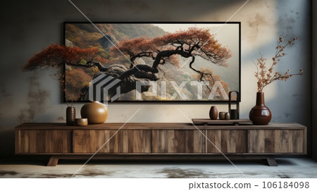 Front view of modern luxury loft style living room. Dark grunge wall and floor, large painting with landscape, console with decorative vases, home decor. Mockup, 3D rendering. Front view of modern luxury loft style living room. Dark grunge wall and floor, large painting with landscape, console with decorative vases, home decor. Mockup, 3D rendering. 106184098
