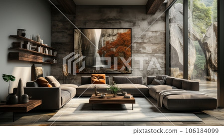Cozy loft style interior in modern luxury chalet. Stone wall with painting and shelves, corner sofa, coffee table, rug on wooden floor. Panoramic window with forest view. Rustic home design. Cozy loft style interior in modern luxury chalet. Stone wall with painting and shelves, corner sofa, coffee table, rug on wooden floor. Panoramic window with forest view. Rustic home design. 106184099
