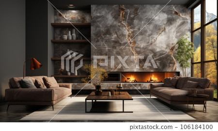Cozy interior in modern luxury chalet. Stone walls, comfortable couches, coffee table, shelves, rug on wooden floor. Panoramic window with forest view. Rustic home design. 3D rendering. 106184100