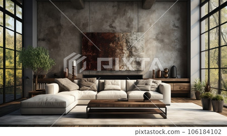Cozy loft style interior in modern luxury chalet. Concrete wall with abstract painting, corner sofa, coffee table, rug on wooden floor. Panoramic windows with forest view. 3D rendering. Cozy loft style interior in modern luxury chalet. Concrete wall with abstract painting, corner sofa, coffee table, rug on wooden floor. Panoramic windows with forest view. 3D rendering. 106184102