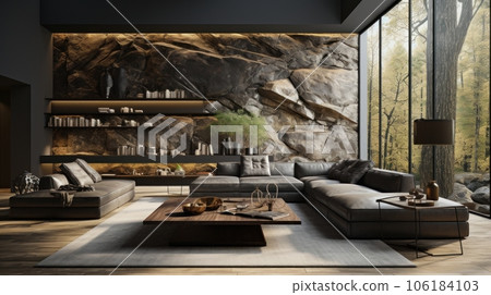 Cozy interior in modern luxury chalet. Stone walls, large corner sofa, coffee table, bookshelves, rug on wooden floor. Panoramic window with forest view. Rustic home design. 3D rendering. 106184103