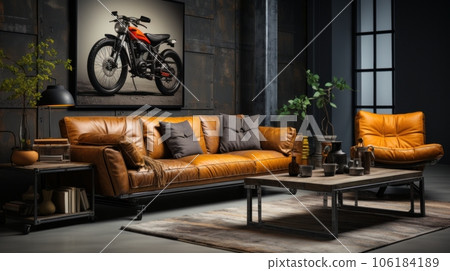 Bright eclectic living room interior in loft style. Dark gray walls, vintage brown leather sofa and armchair, coffee table, plants in pots, poster with retro motorbike, home decor. 3D rendering. 106184189