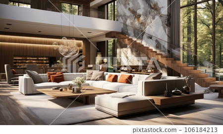 Modern living room interior in luxury open to below house. Large white corner sofa, coffee table, staircase to the second floor. Floor-to-ceiling window with garden view. Contemporary home decor. 106184213