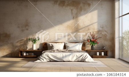 Minimalist interior of modern luxury loft bedroom. Concrete walls, rough wooden bed and side tables, decorative vases, home decor, floor-to-ceiling window with garden view. Template, 3D rendering. 106184314