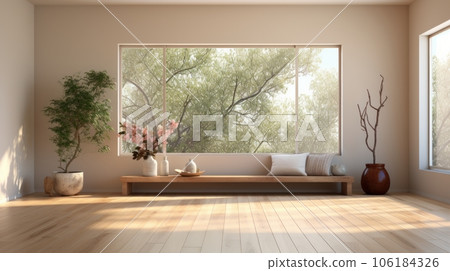 Aesthetic minimalist composition of japandi living room interior. Wooden table-bench with pillows, decorative vases with plants and dried flowers, wooden floor, large window. Home decor. Template. 106184326