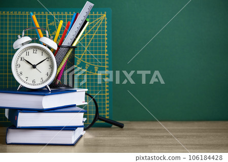 Back to school background. Creative composition with variety school supplies. Back to school background. Creative composition with variety school supplies. 106184428