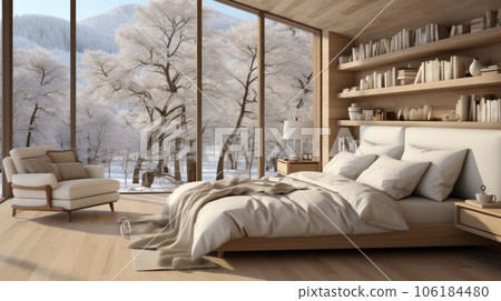 Interior of spacious bright bedroom in rustic cottage. Natural colors, wooden elements of decoration, bookshelf at the head of bed, panoramic windows with stunning winter forest view. 3D rendering. 106184480