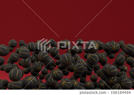 Many of flying black basketball ball falling on red background Many of flying black basketball ball falling on red background 106184484