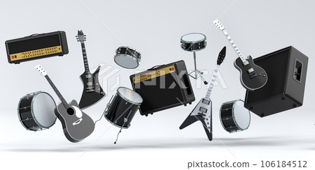 Set of electric acoustic guitars, amplifiers and drums with cymbal on white Set of electric acoustic guitars, amplifiers and drums with cymbal on white 106184512