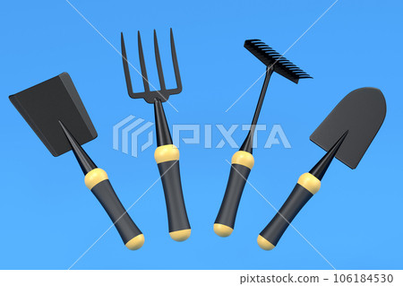 Garden shovel, pitchfork and rake on blue background, summer camping concept Garden shovel, pitchfork and rake on blue background, summer camping concept 106184530