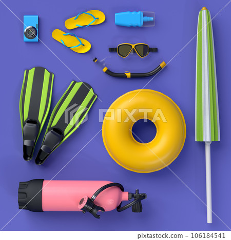 Colorful suitcase or baggage with beach accessories on violet background. 106184541