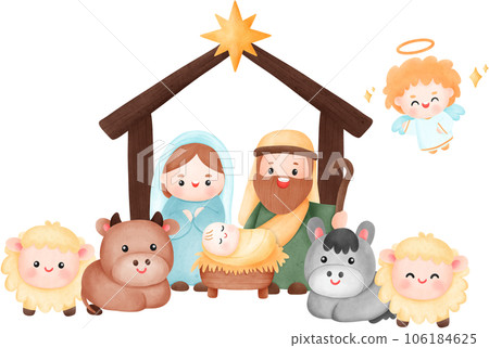 Cute cartoon illustration Nativity of Jesus, birth of Jesus. 106184625