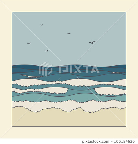 Seaside landscape with flying birds poster illustration 106184626