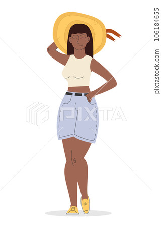 Beautiful woman in hat standing and smiling summertime vector illustration. 106184655