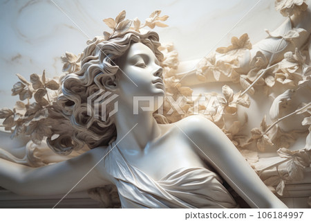 Greek statue woman in grape vine on light marble background. Generative AI 106184997