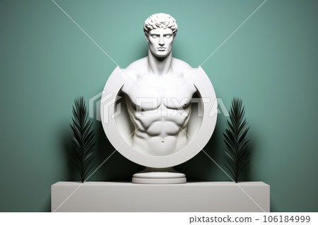 Bust of ancient Roman marble god man on white medallion stage with laurel branches on green background. Generative AI 106184999