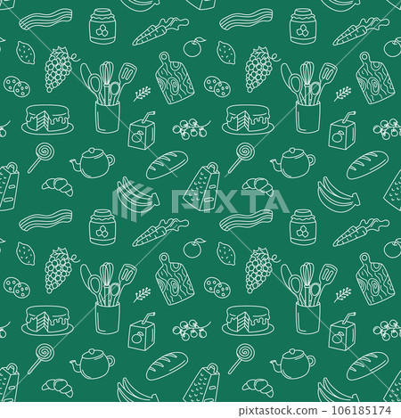 Cooking food doodle seamless pattern. Kitchen elements vector background. Cute repeat outline illustrations with utensils, kitchenware, meal ingredients. Fruits and vegetables Cooking food doodle seamless pattern. Kitchen elements vector background. Cute repeat outline illustrations with utensils, kitchenware, meal ingredients. Fruits and vegetables 106185174