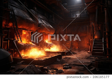 Furnace in a metal foundry pouring out tons of molten metal Furnace in a metal foundry pouring out tons of molten metal 106185177